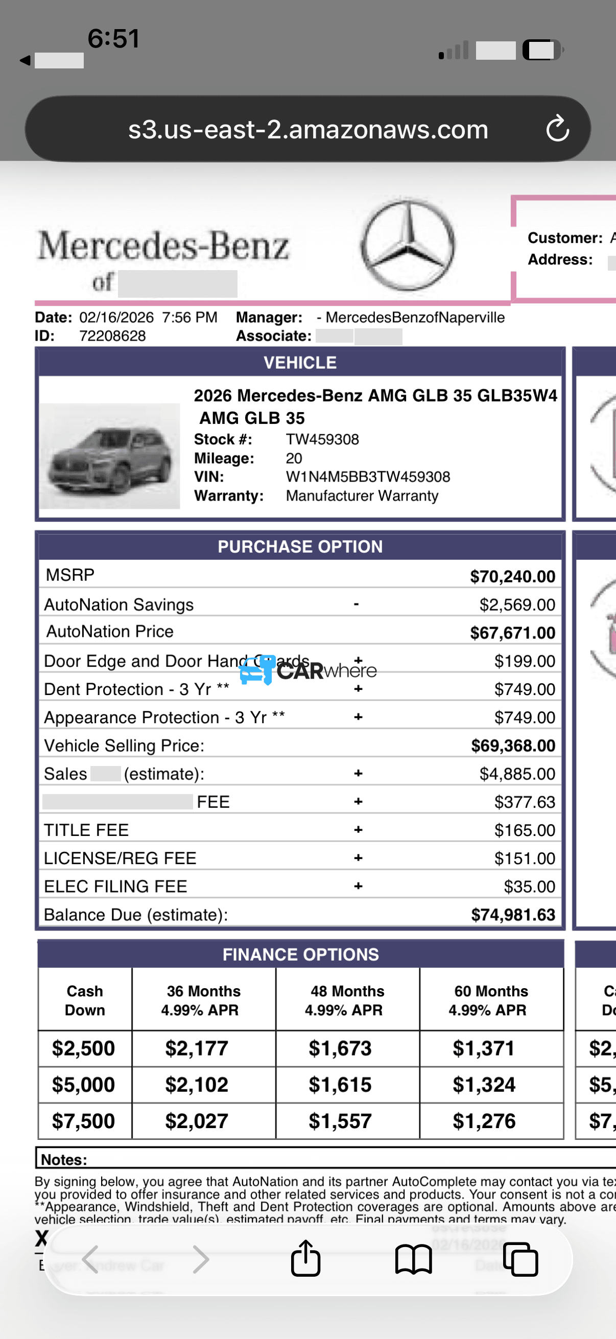 Redacted 2026 Mercedes-Benz Amg Glb 35 deal sheet from Mercedes-Benz of Naperville in Naperville, IL — what a verified buyer paid
