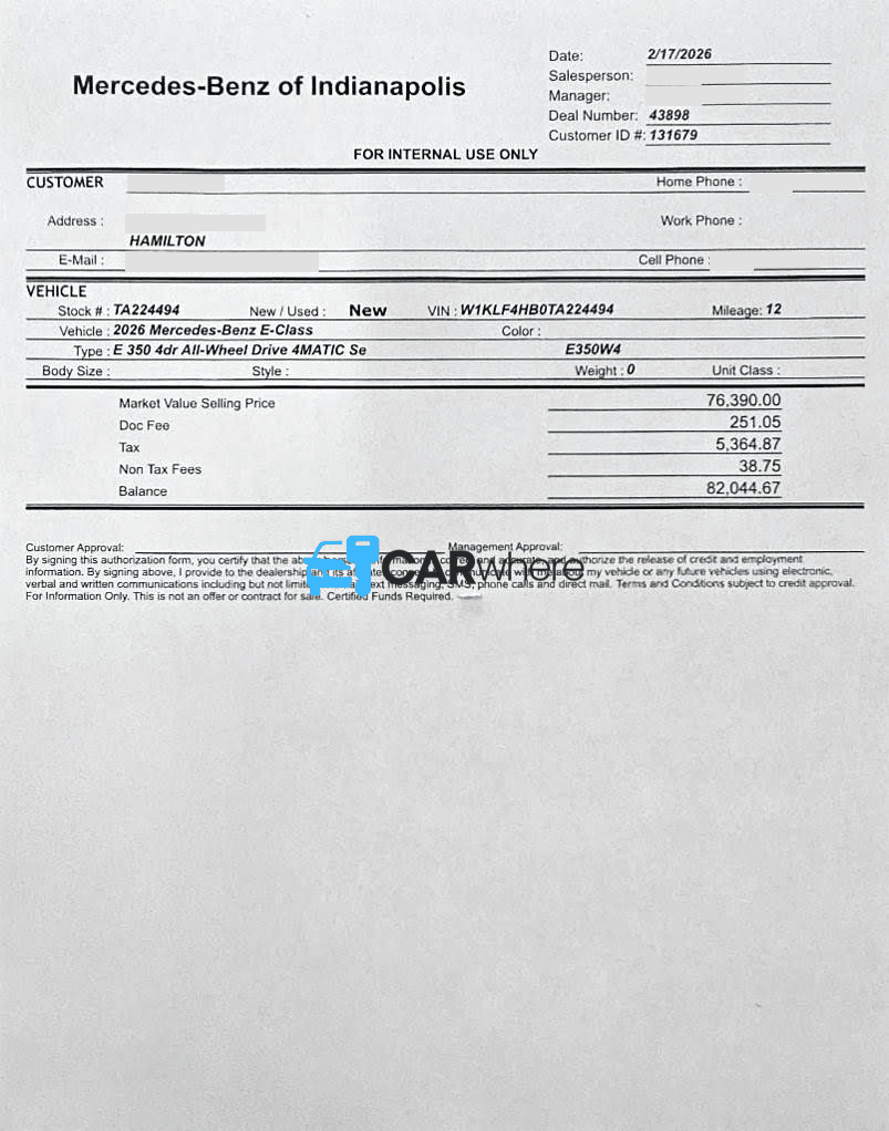 Redacted 2026 Mercedes-Benz E-class deal sheet from Mercedes-Benz of Indianapolis in Indianapolis, IN — what a verified buyer paid