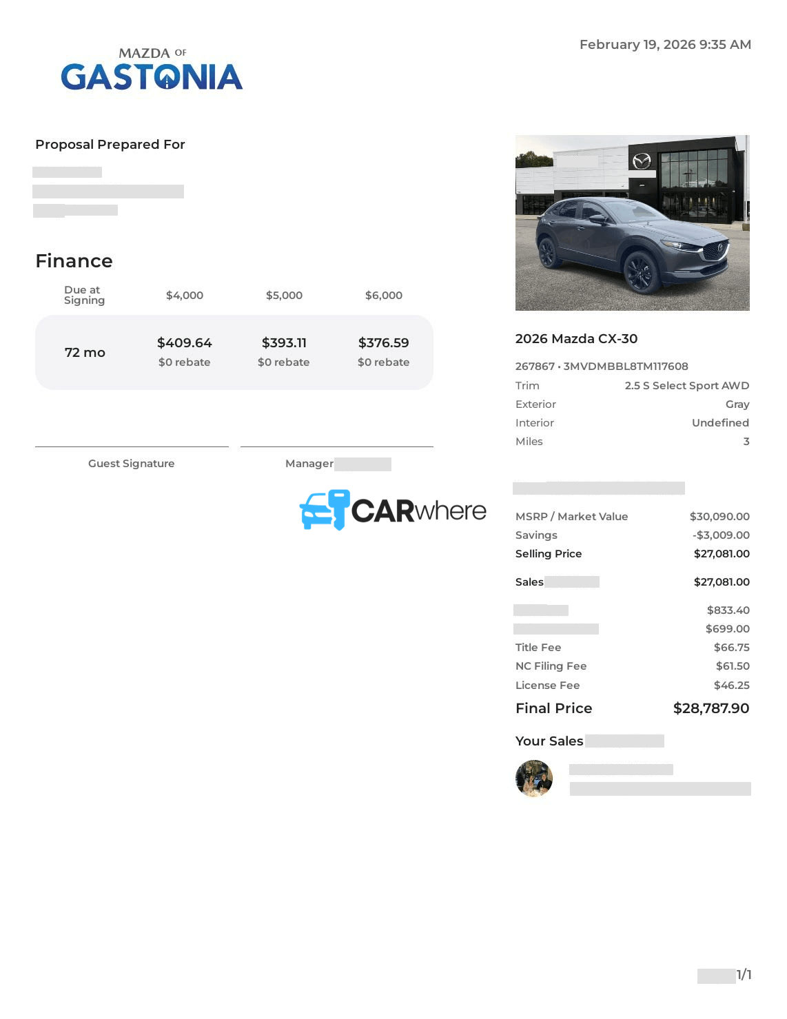 Redacted 2026 Mazda CX-30 2.5 S Select Sport AWD deal sheet from Mazda of Gastonia in Gastonia, NC — what a verified buyer paid