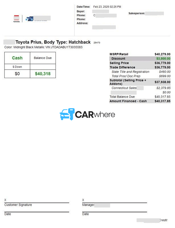 Redacted 2026 Toyota Prius deal sheet from Mcgee Toyota of Putnam in Putnam, CT — what a verified buyer paid