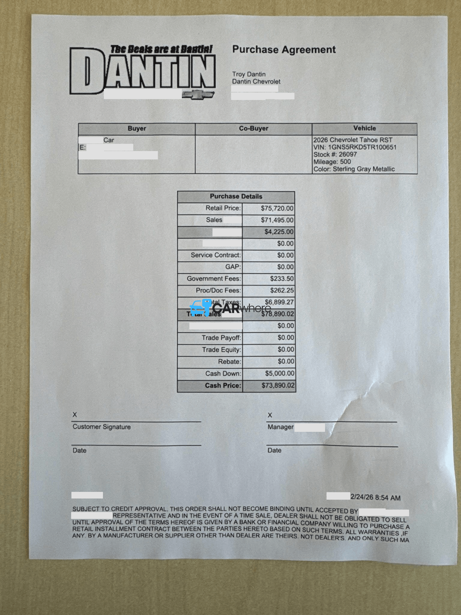 Redacted 2026 Chevrolet Tahoe Rst deal sheet from Dantin Chevrolet in Thibodaux, LA — what a verified buyer paid