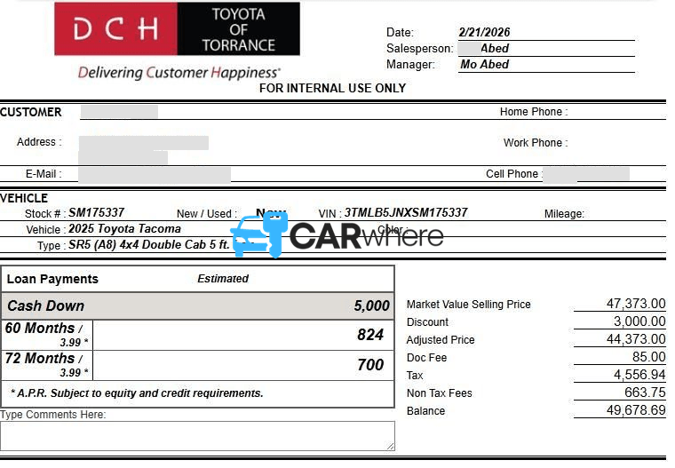 Redacted 2025 Toyota Tacoma SR5 (a8) 4x4 5 Ft. Box deal sheet from Dch Toyota of Torrance in Torrance, CA — what a verified buyer paid