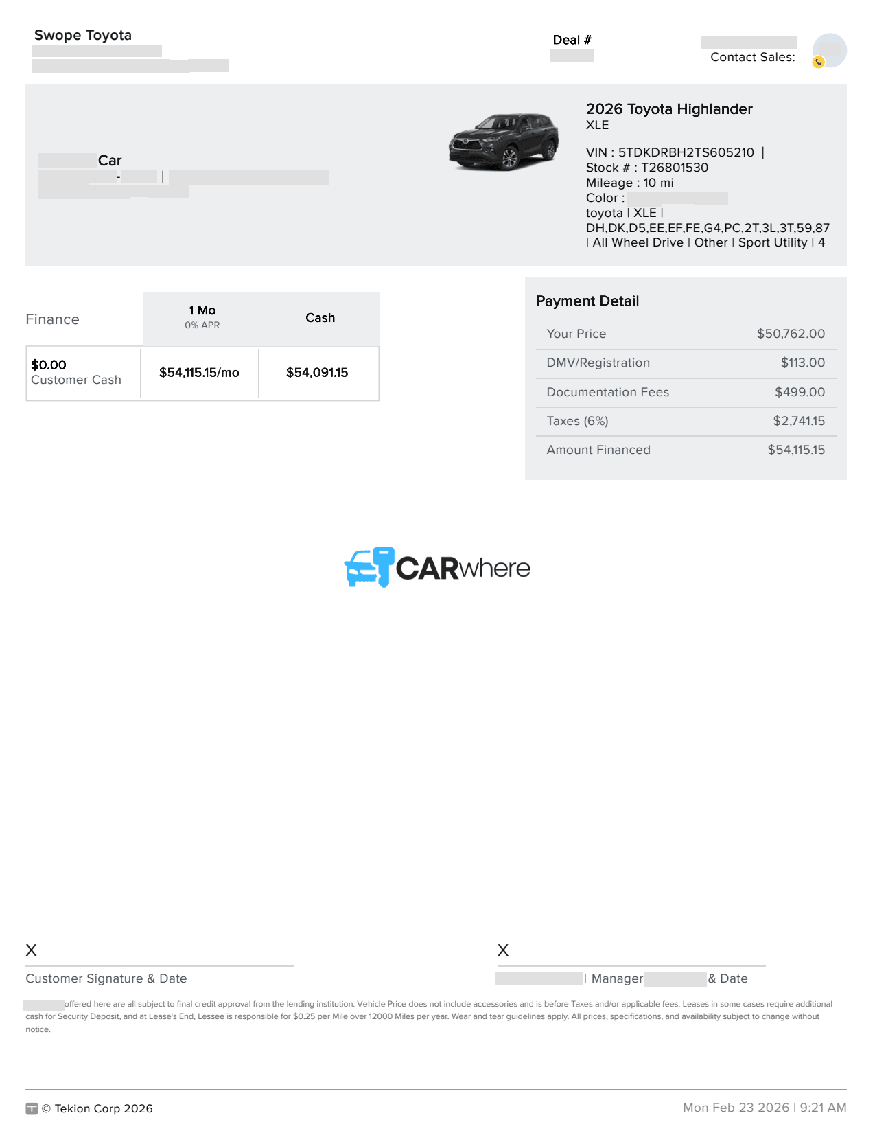 Redacted 2026 Toyota Highlander XLE deal sheet from Swope Toyota in Elizabethtown, KY — what a verified buyer paid