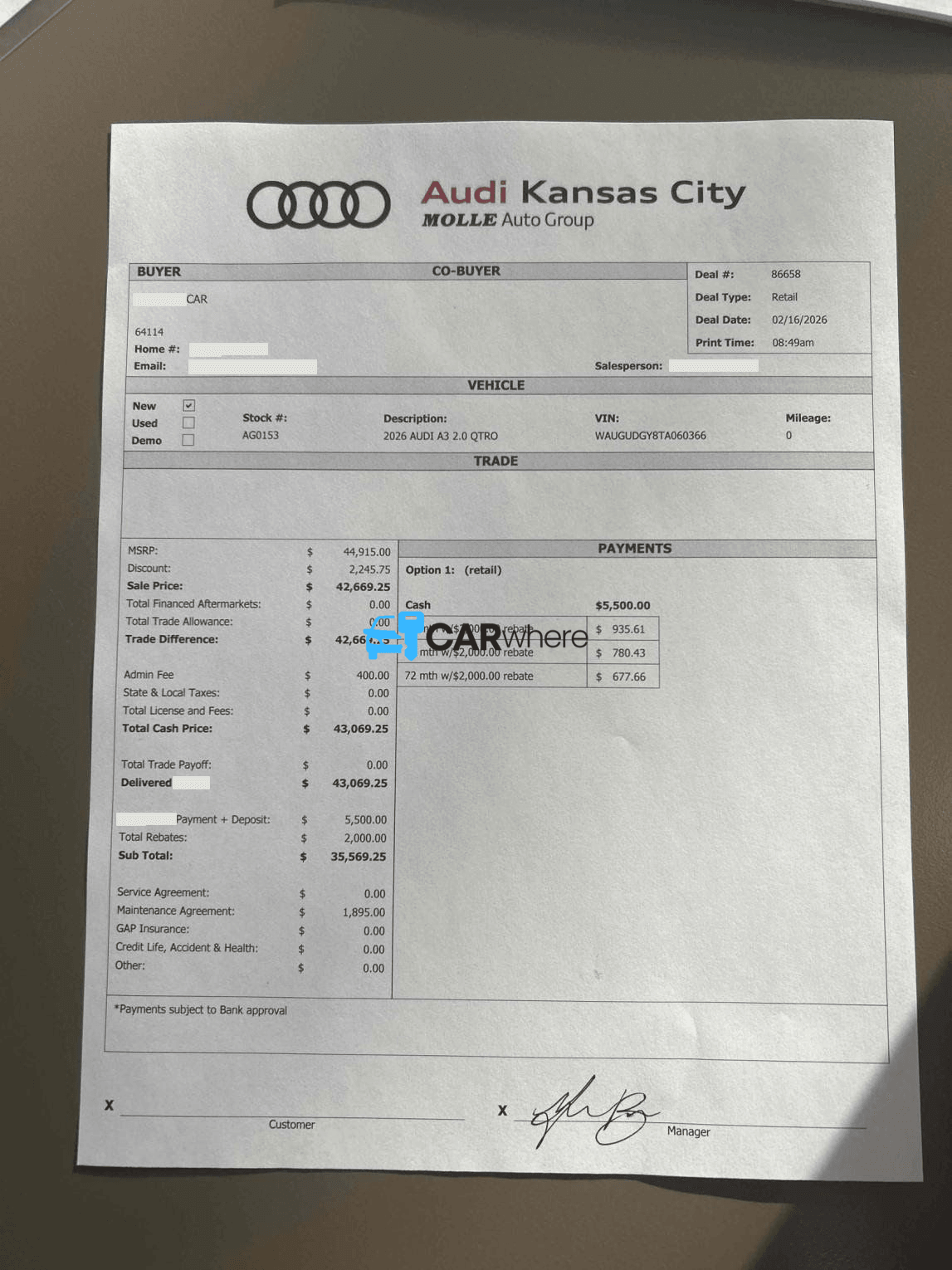 Redacted 2026 AUDI A3 2.0 Qtro deal sheet from Audi Kansas City in Kansas City, MO — what a verified buyer paid