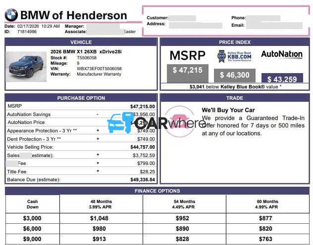 Redacted 2026 BMW X1 xDrive28i deal sheet from BMW of Henderson in Henderson, NV — what a verified buyer paid