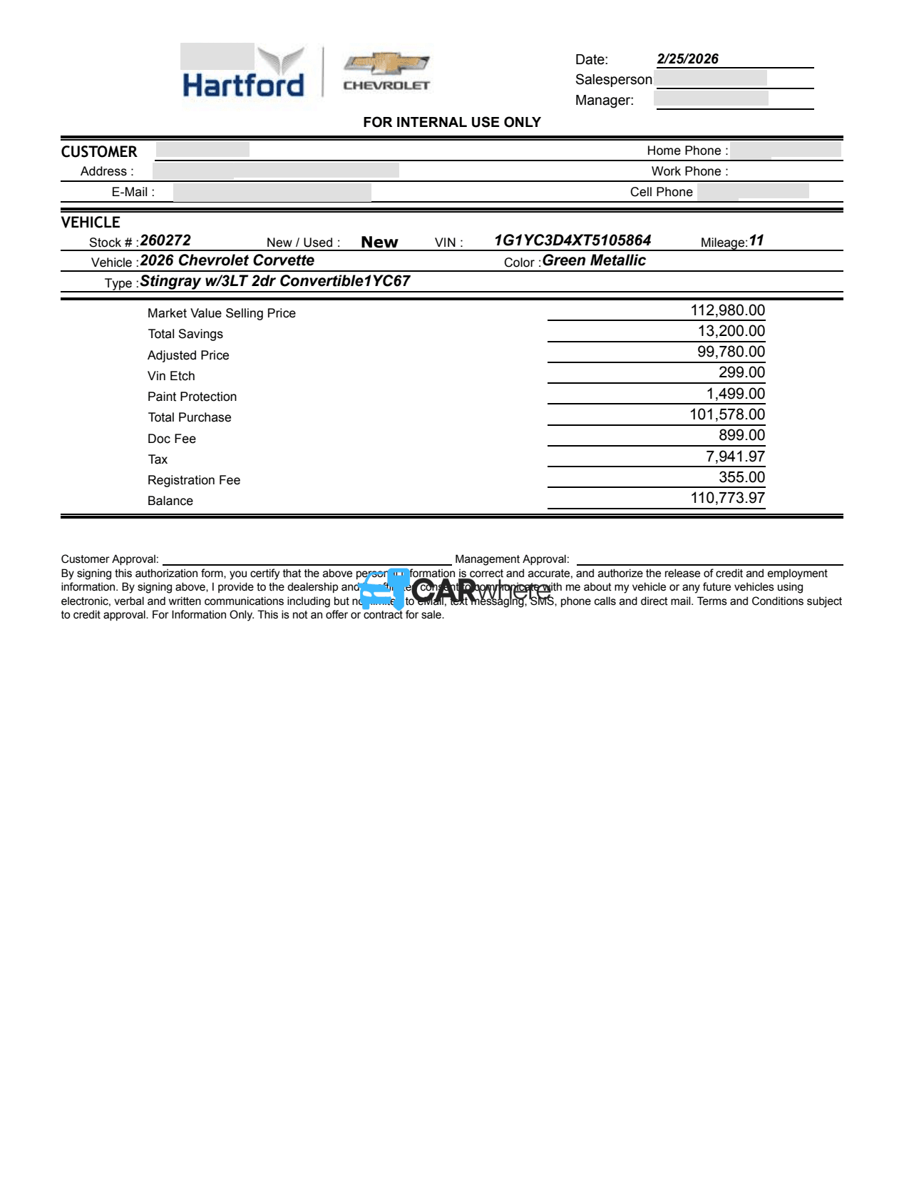 Redacted 2026 Chevrolet Corvette deal sheet from East Hartford Chevrolet in East Hartford, CT — what a verified buyer paid
