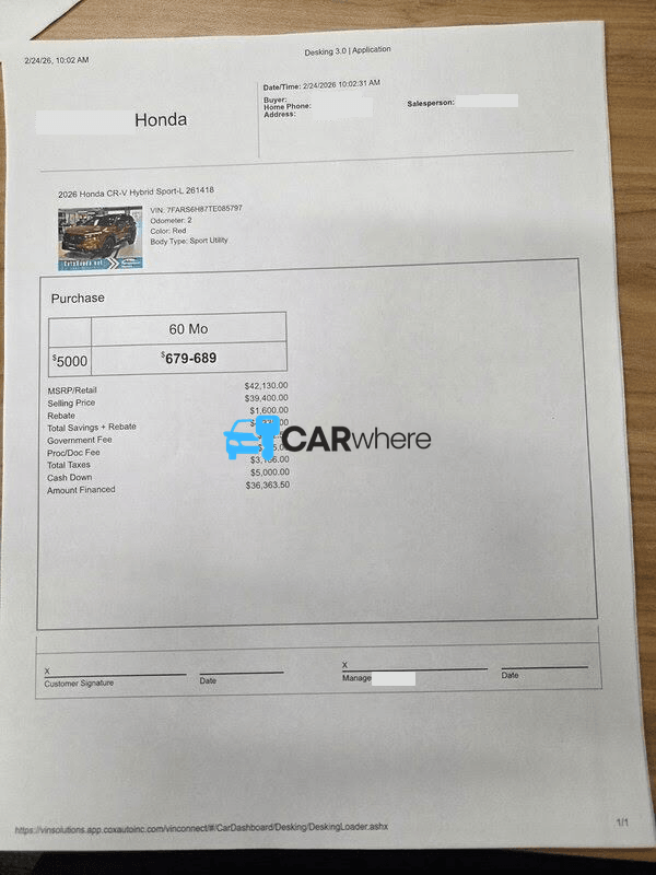 Redacted 2026 Honda CR-V Hybrid Sport-l deal sheet from Rensselaer Honda in Troy, NY — what a verified buyer paid