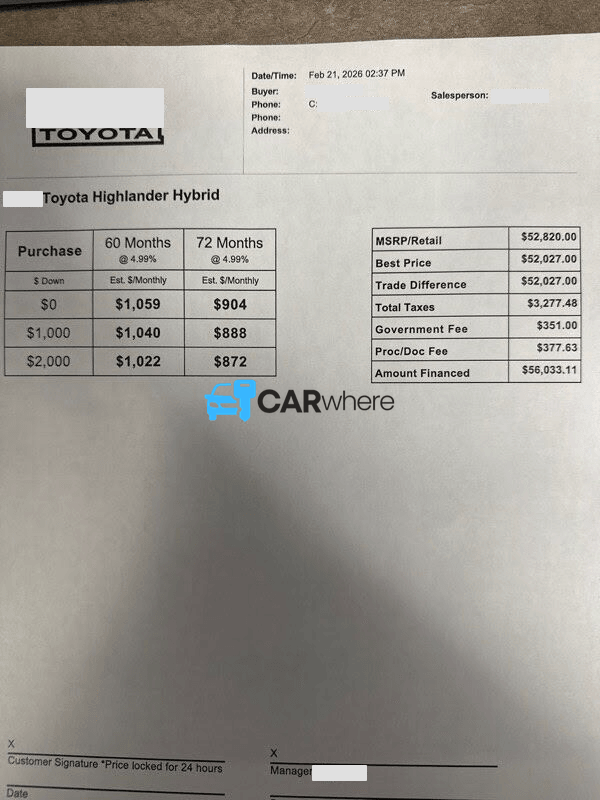 Redacted 2026 Toyota Highlander Hybrid deal sheet from Marion Toyota in Marion, IL — what a verified buyer paid