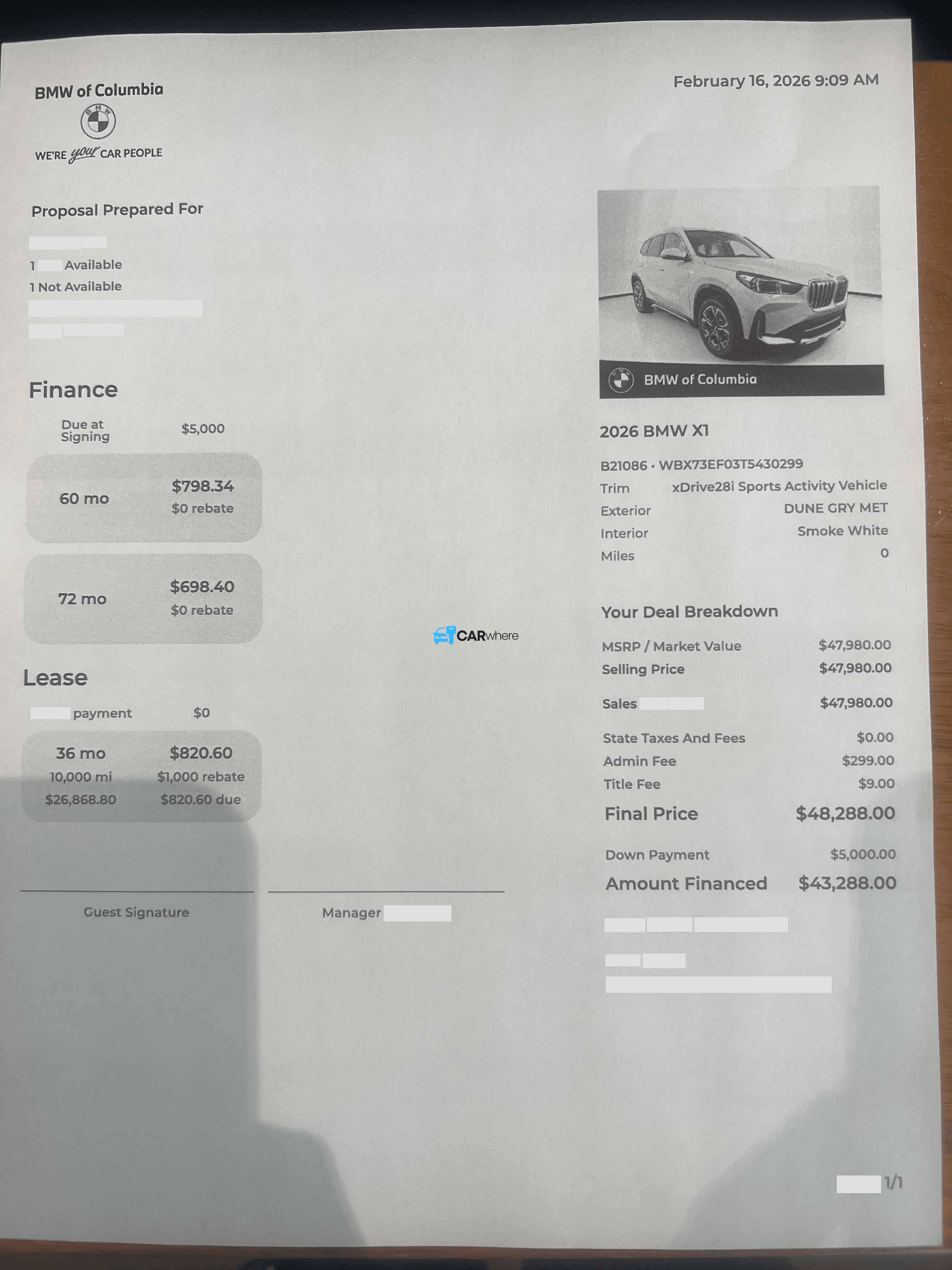 Redacted 2026 BMW X1 Sports Activity Vehicle deal sheet from BMW of Columbia in Columbia, SC — what a verified buyer paid
