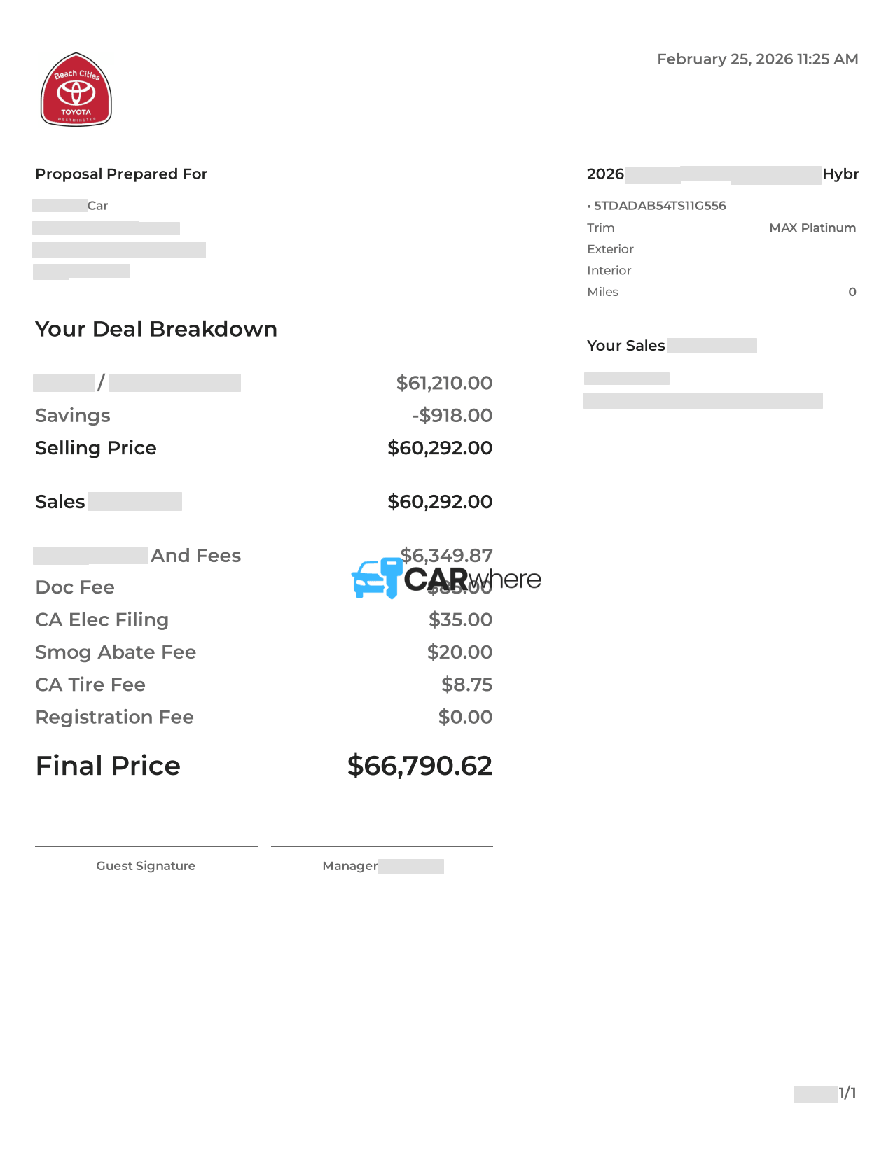 Redacted 2026 Toyota Grand Highlander Hybr Max Platinum deal sheet from Beach Cities Toyota in Westminster, CA — what a verified buyer paid