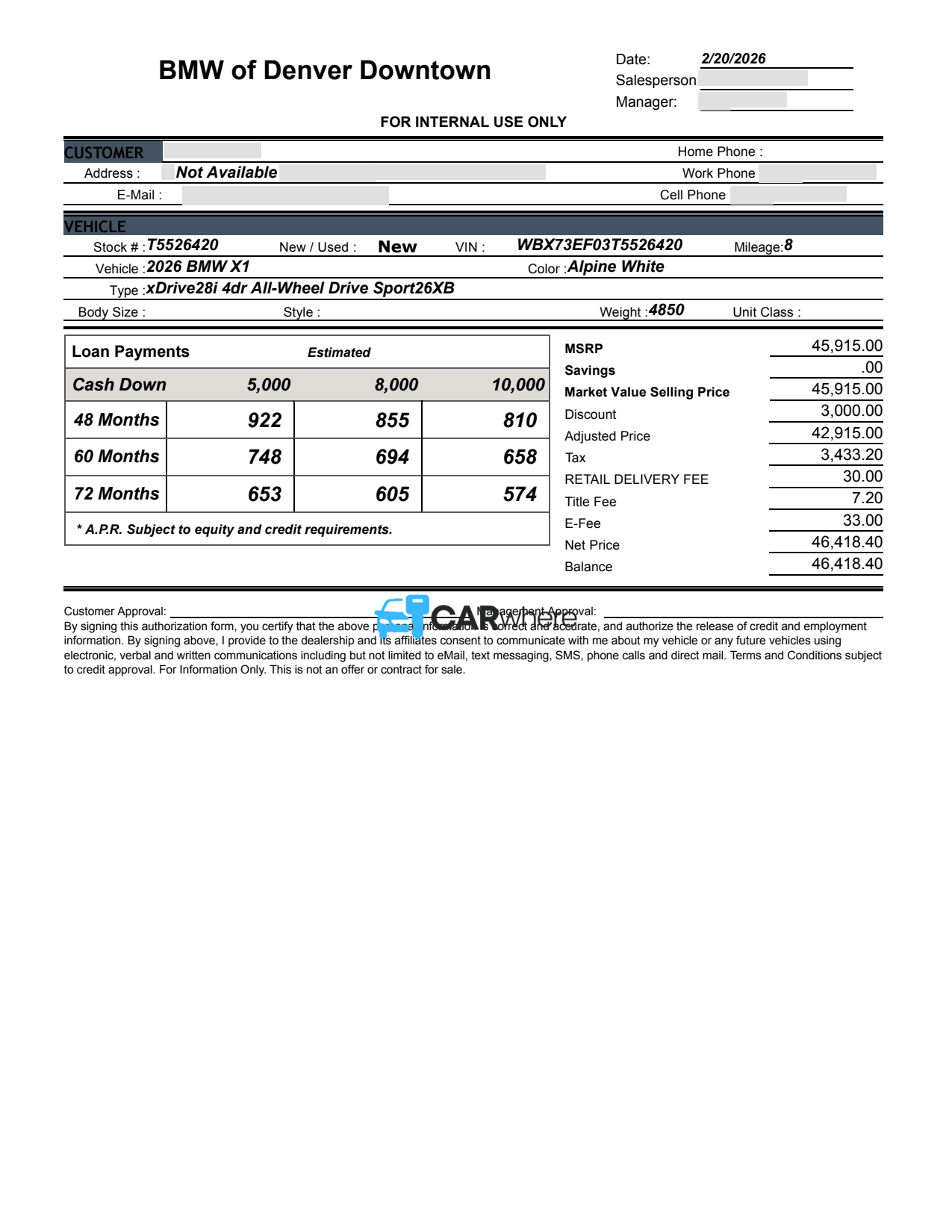 Redacted 2026 BMW X1 All-wheel Drive deal sheet from BMW of Denver Downtown in Denver, CO — what a verified buyer paid