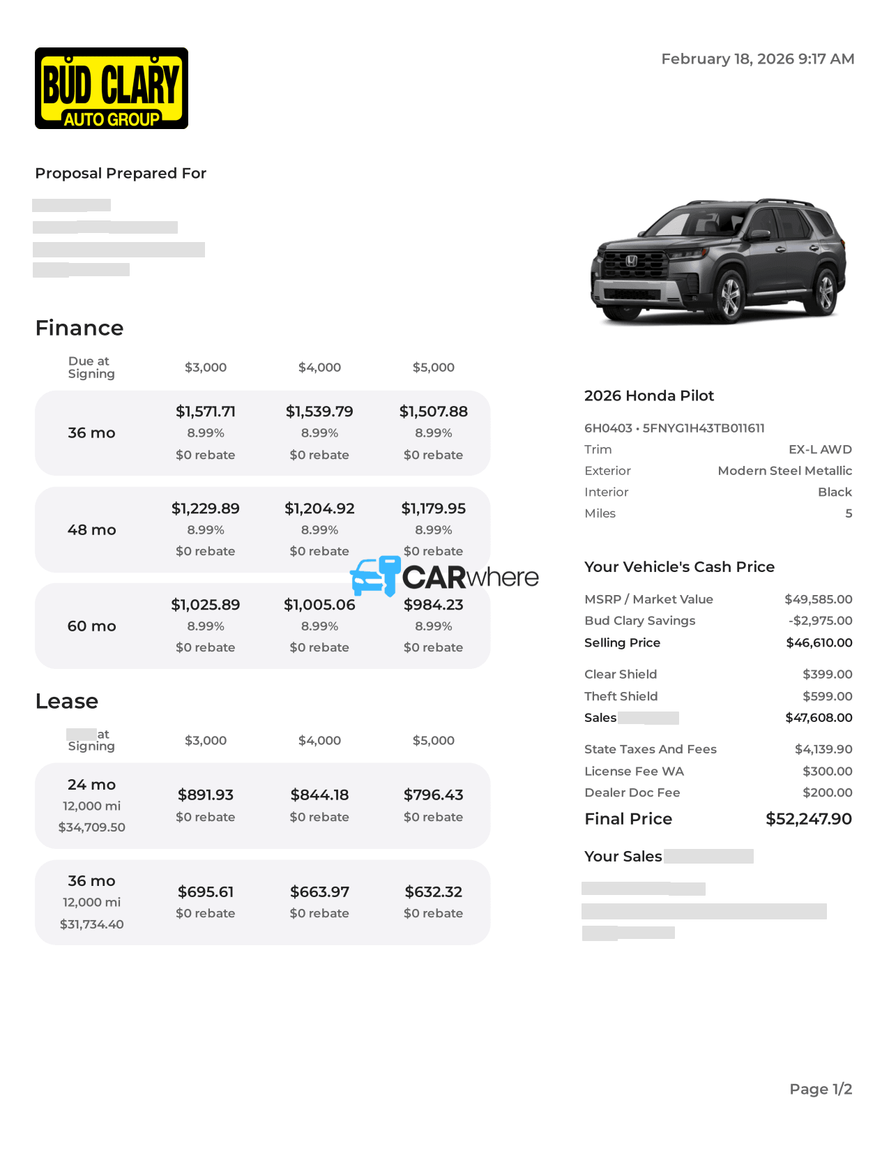 Redacted 2026 Honda Pilot EX-L AWD deal sheet from Bud Clary in Moses Lake, WA — what a verified buyer paid