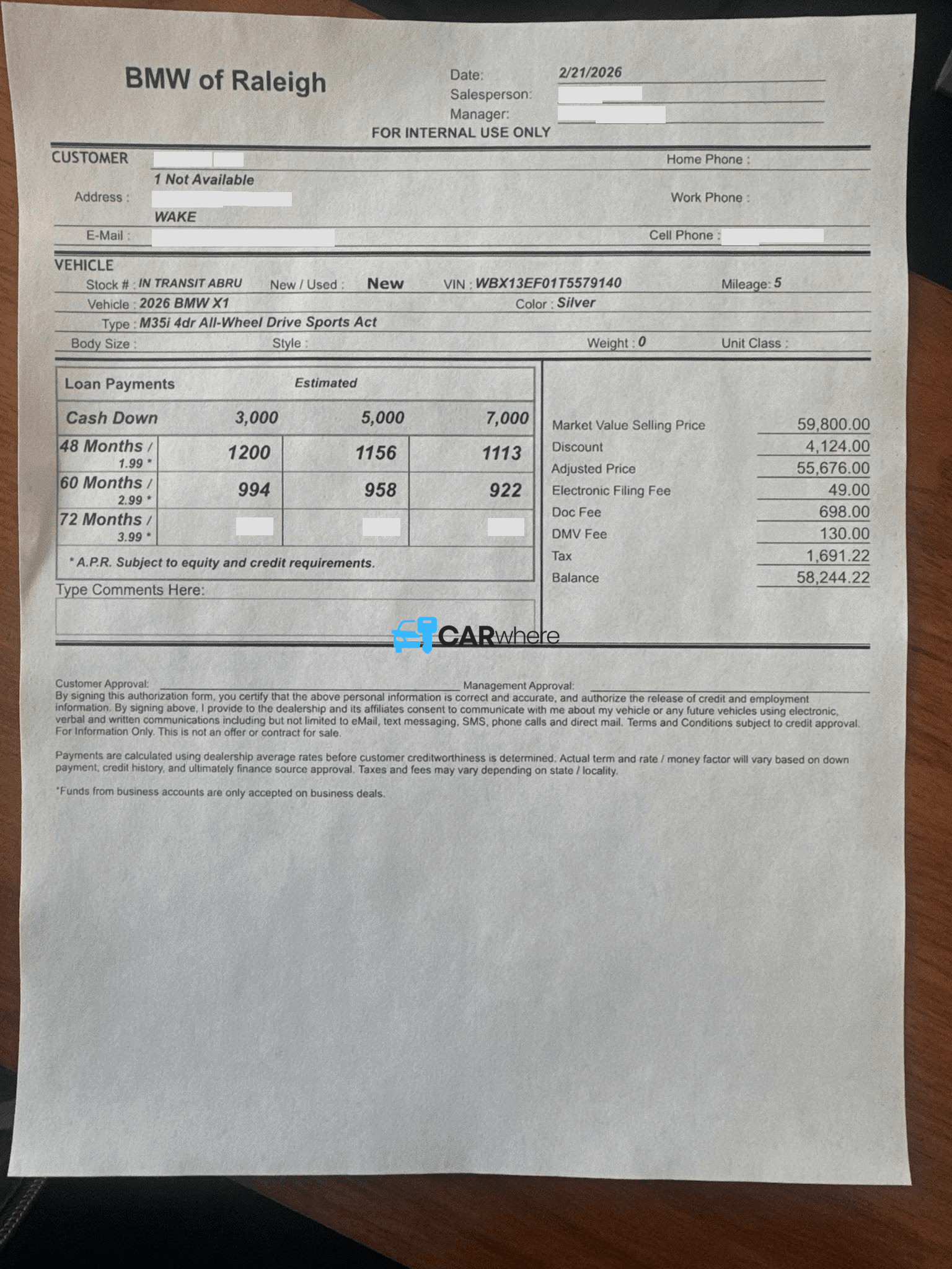 Redacted 2026 BMW X1 M35I All-wheel Drive Sports Act deal sheet from BMW of Raleigh in Raleigh, NC — what a verified buyer paid