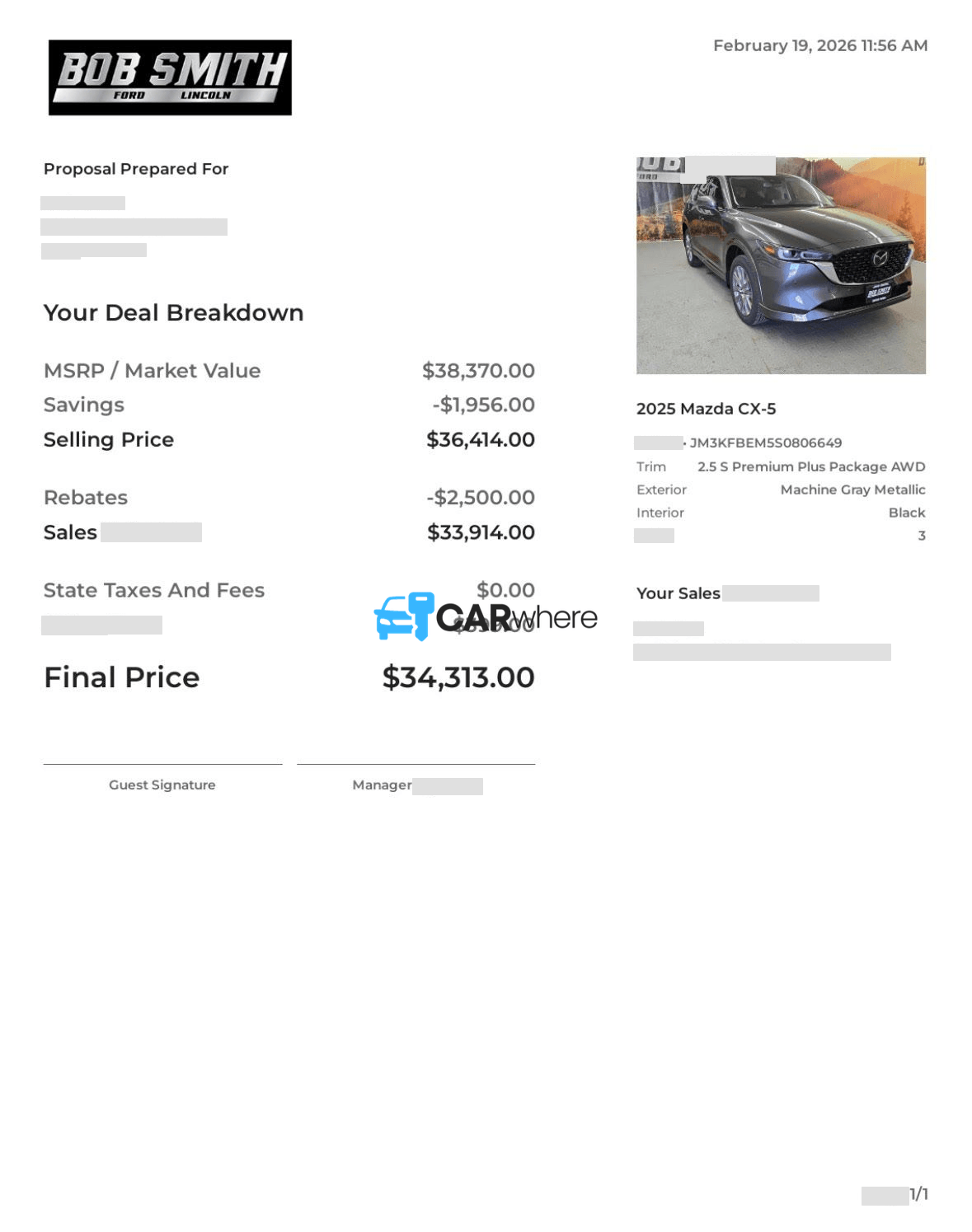Redacted 2025 Mazda CX-5 2.5 S Premium Plus Package AWD deal sheet from Bob Smith Ford Lincoln in Billings, MT — what a verified buyer paid
