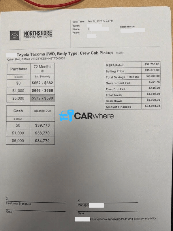 Redacted 2026 Toyota Tacoma 2WD deal sheet from Northshore Toyota Covington in Covington, LA — what a verified buyer paid