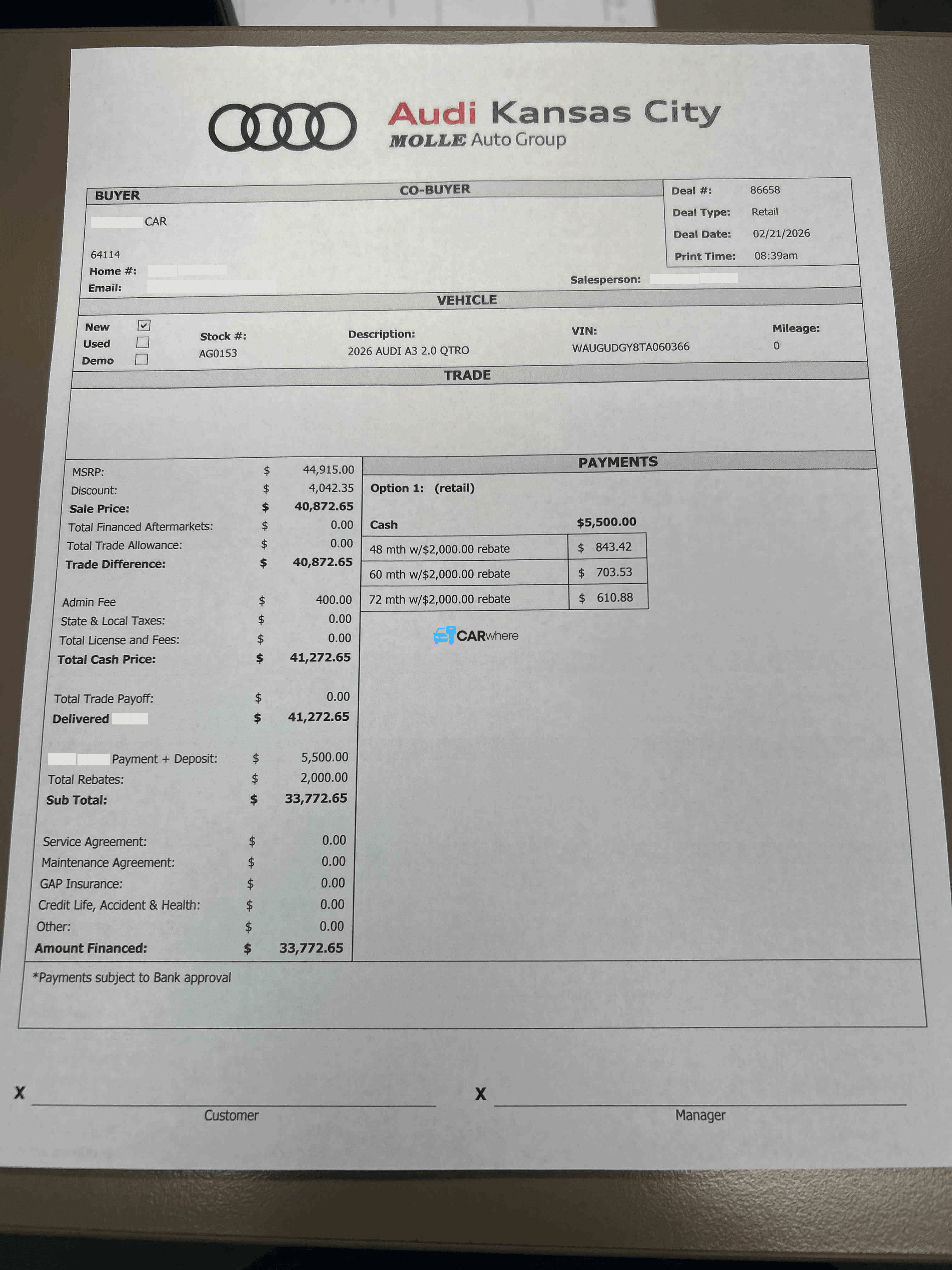 Redacted 2026 AUDI A3 2.0 Qtro deal sheet from Audi Kansas City in Kansas City, MO — what a verified buyer paid