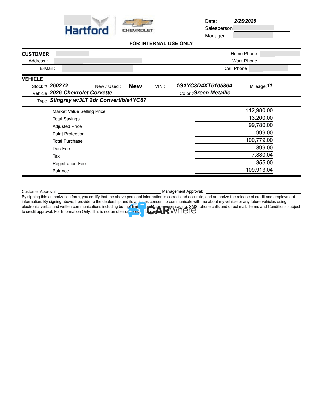 Redacted 2026 Chevrolet Corvette deal sheet from East Hartford Chevrolet in East Hartford, CT — what a verified buyer paid