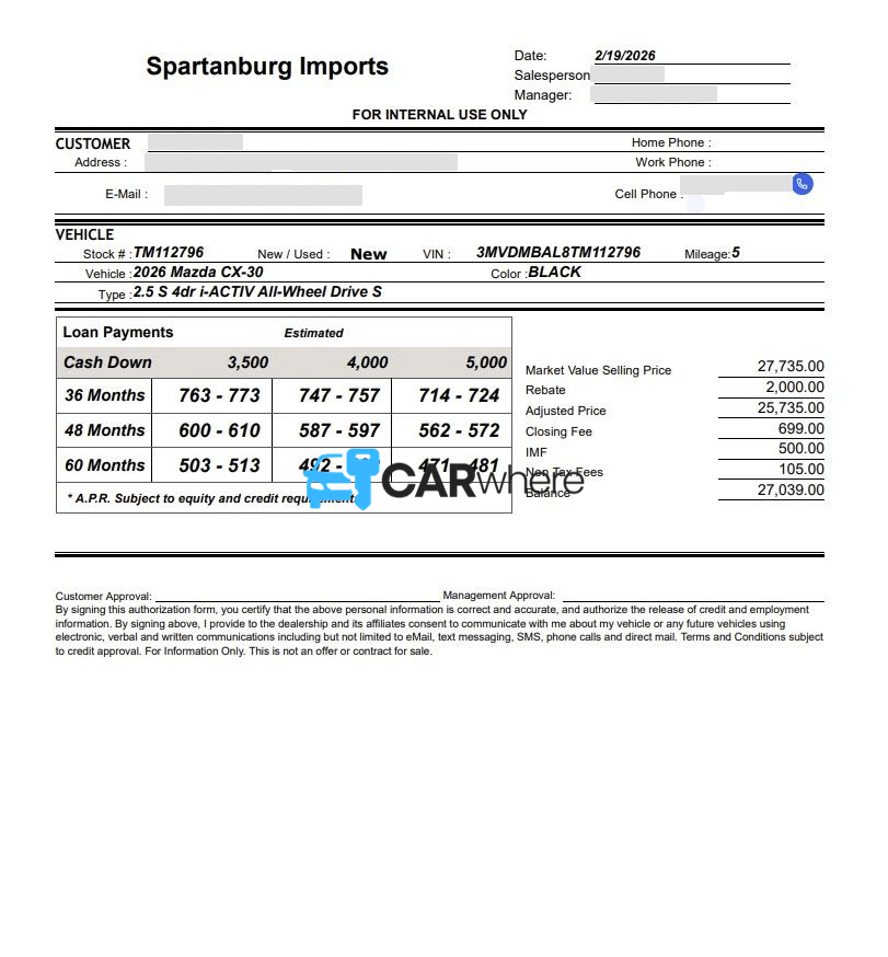 Redacted 2026 Mazda CX-30 S deal sheet from Spartanburg Imports in Spartanburg, SC — what a verified buyer paid