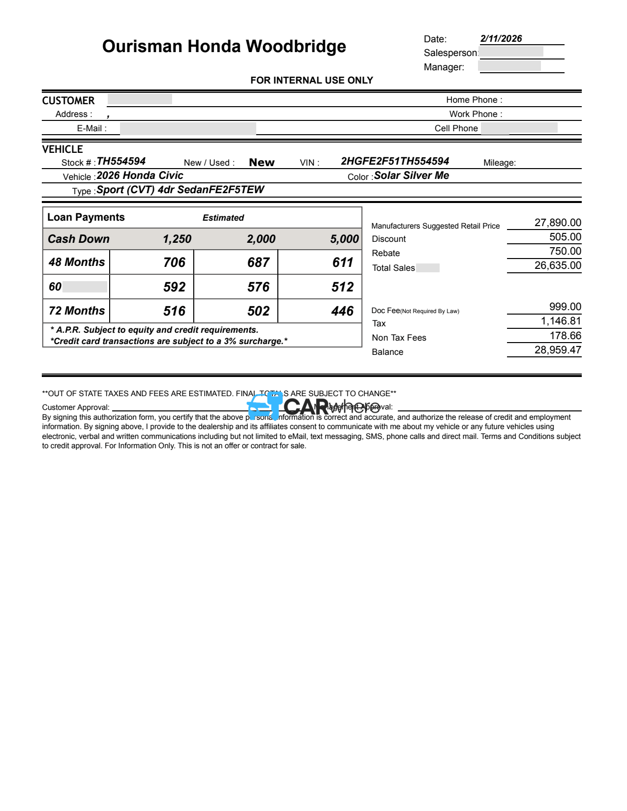 Redacted 2026 Honda Civic Sport (cvt) deal sheet from Ourisman Honda Woodbridge in Woodbridge, VA — what a verified buyer paid