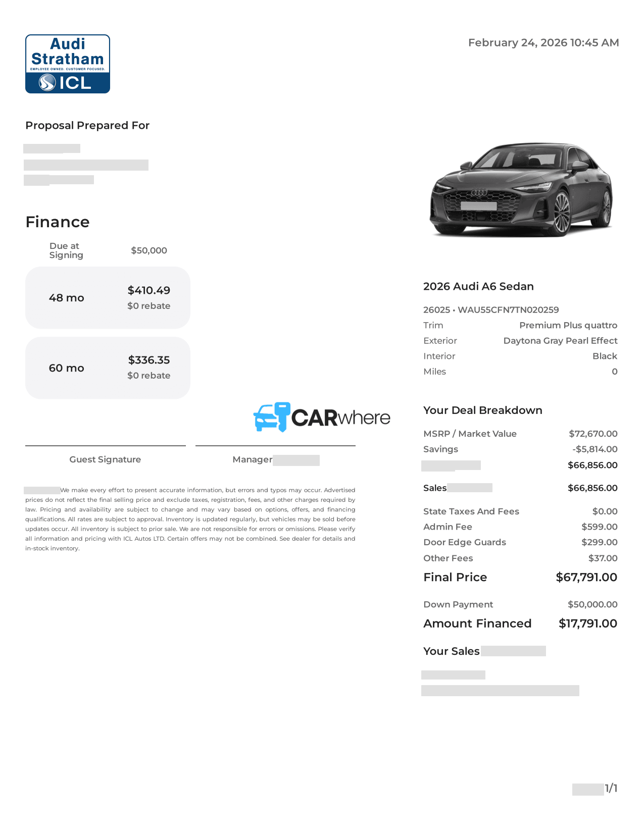 Redacted 2026 AUDI A6 Premium Plus deal sheet from Audi Stratham in Stratham, NH — what a verified buyer paid