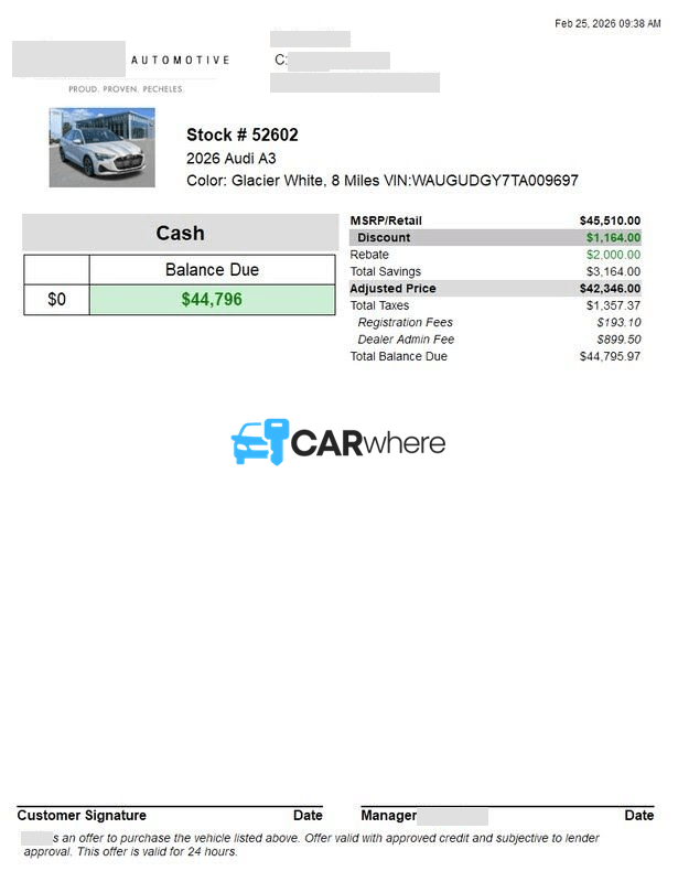 Redacted 2026 AUDI A3 deal sheet from Pecheles in Greenville, NC — what a verified buyer paid