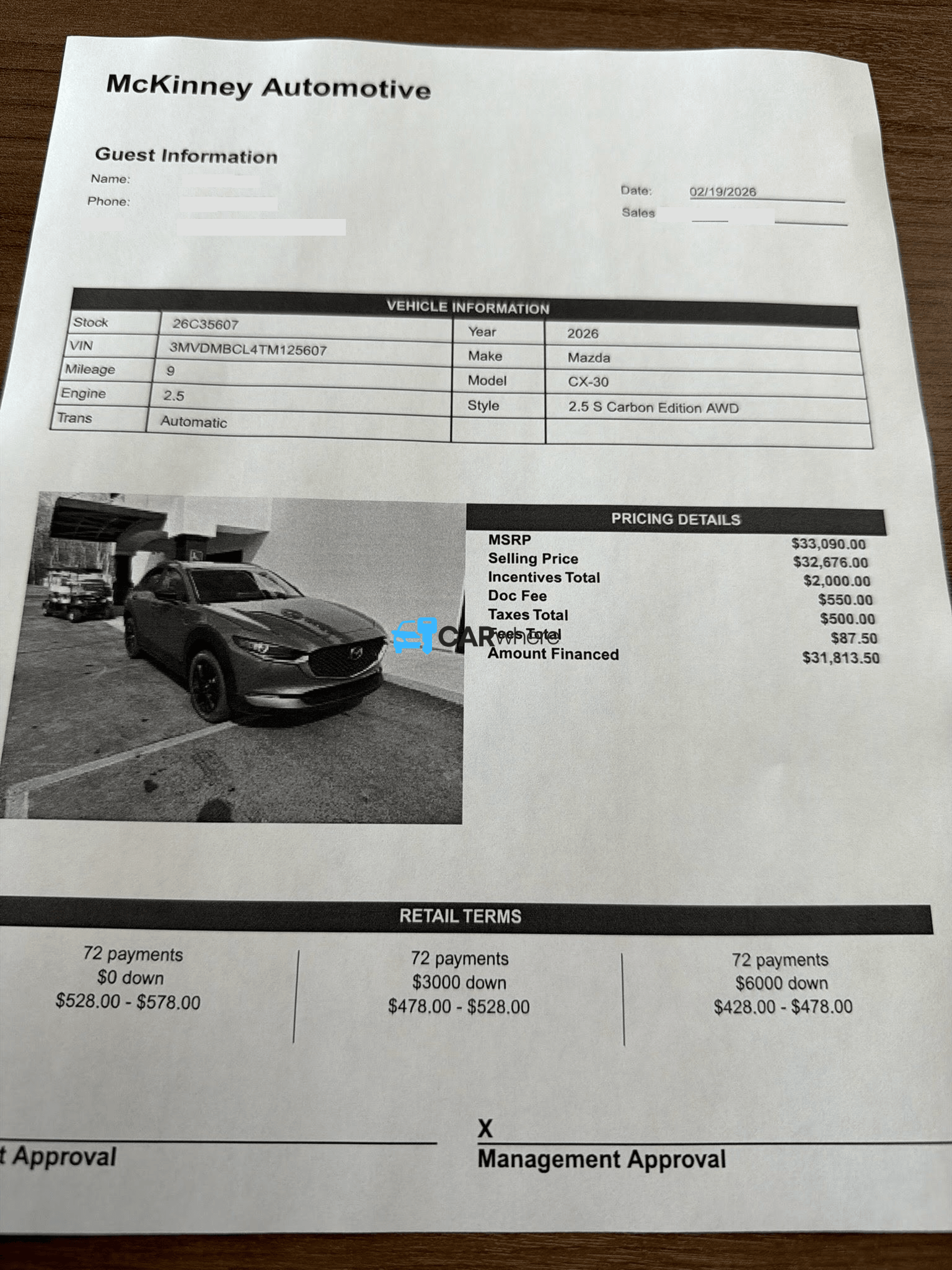 Redacted 2026 Mazda CX-30 2.5 S Carbon Edition AWD deal sheet from Mckinney in Easley, SC — what a verified buyer paid