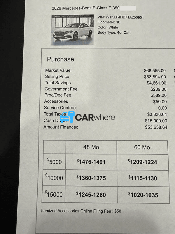 Redacted 2026 Mercedes-Benz E-class E 350 deal sheet from Mercedes Benz of Louisville in Louisville, KY — what a verified buyer paid