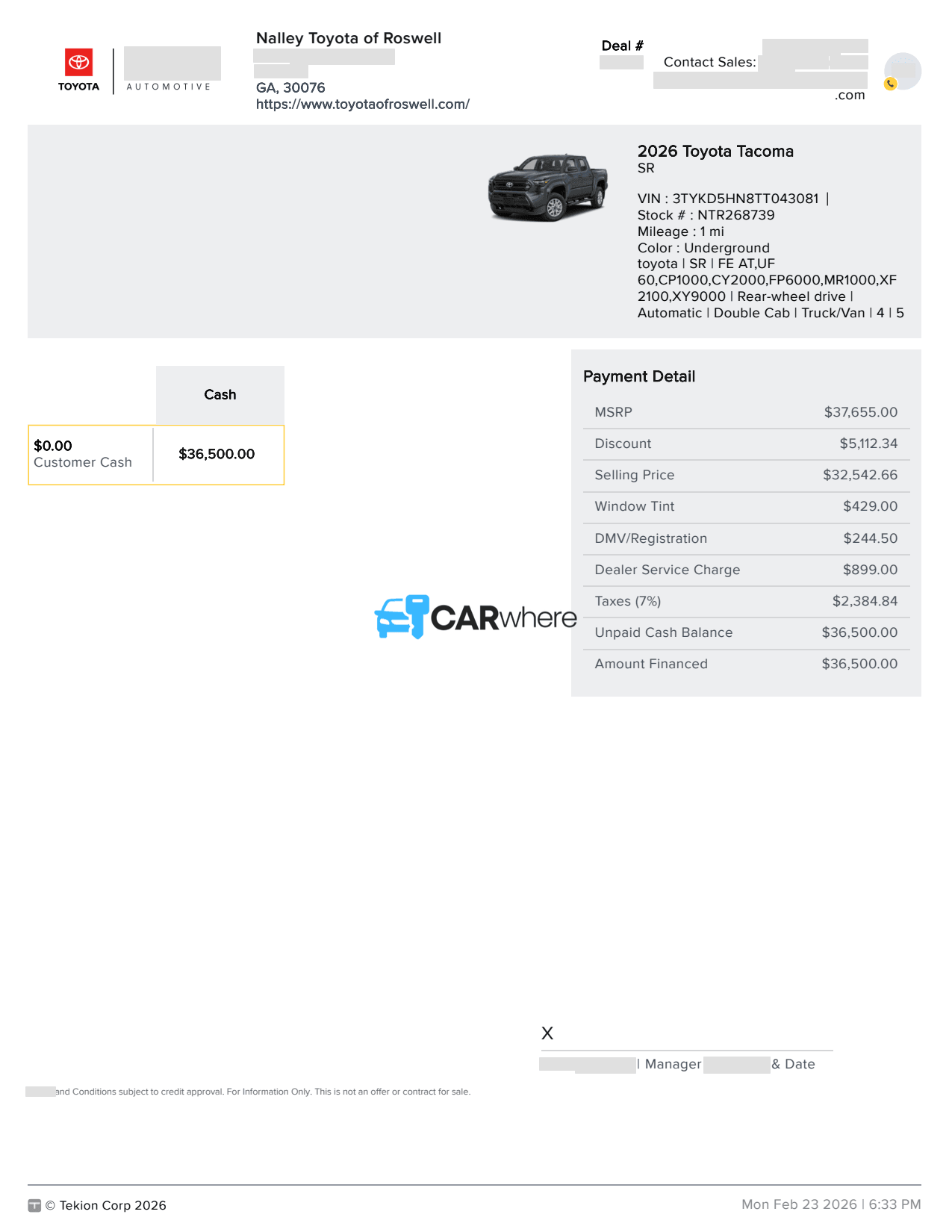 Redacted 2026 Toyota Tacoma SR deal sheet from Nalley Toyota of Roswell in Roswell, GA — what a verified buyer paid