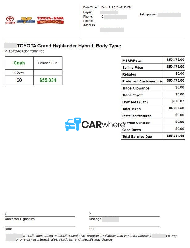 Redacted 2026 Toyota Grand Highlander Hybrid deal sheet from Toyota Napa in Napa, CA — what a verified buyer paid