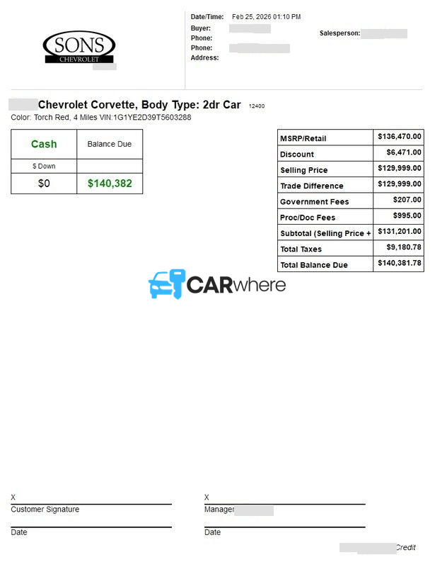 Redacted 2026 Chevrolet Corvette Z06 2lz deal sheet from Sons Chevrolet in Columbus, GA — what a verified buyer paid