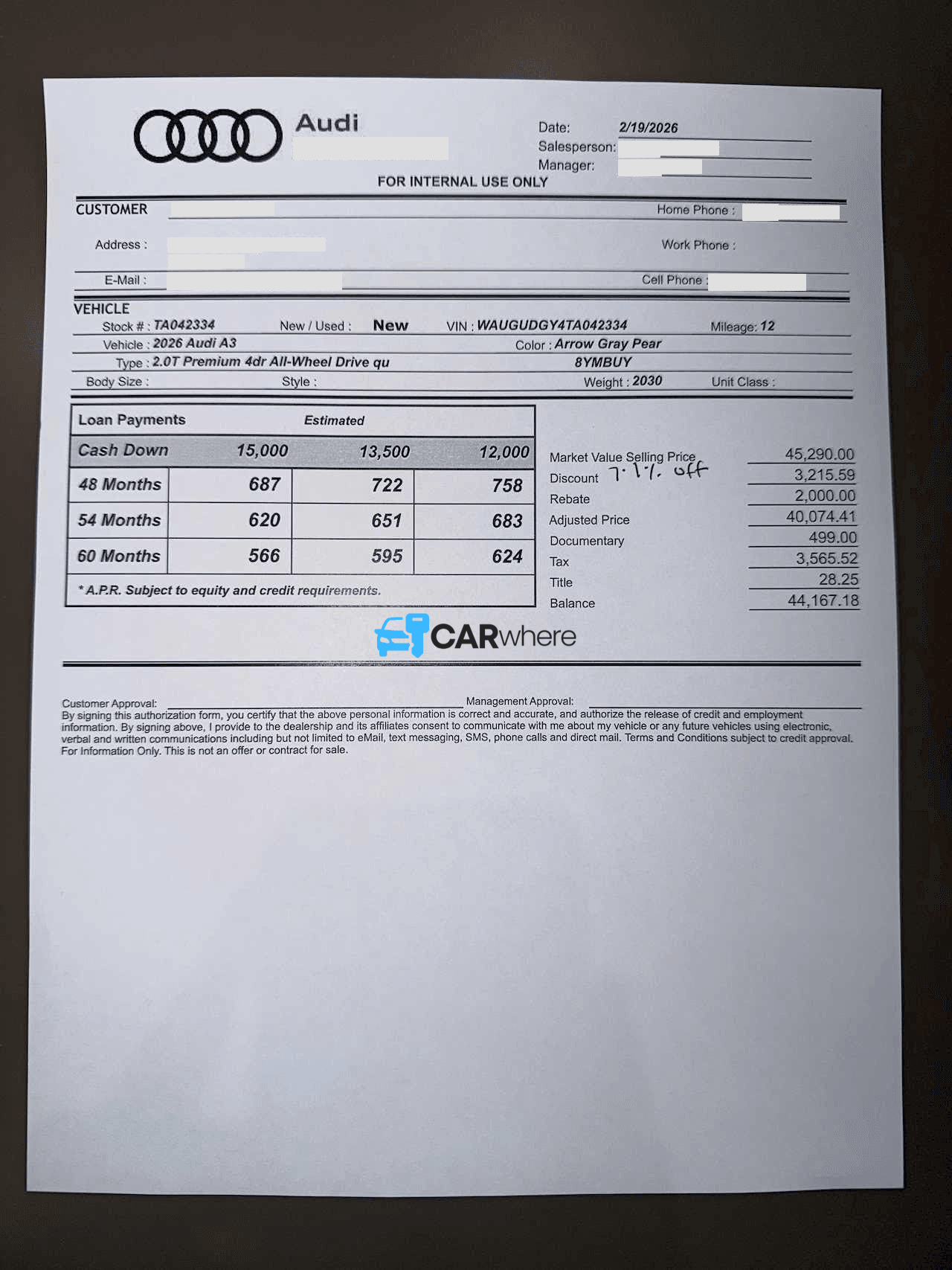 Redacted 2026 AUDI A3 2.0t Premium All-wheel Drive Qu deal sheet from Audi Henderson in Henderson, NV — what a verified buyer paid
