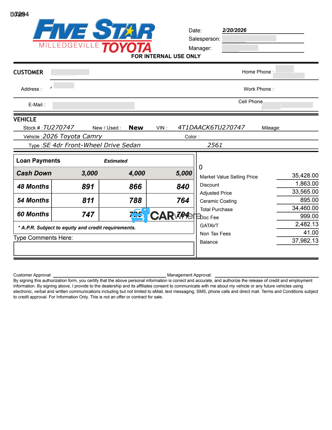 Redacted 2026 Toyota Camry SE Front-wheel Drive deal sheet from Five Star Milledgeville Toyota in Milledgeville, GA — what a verified buyer paid