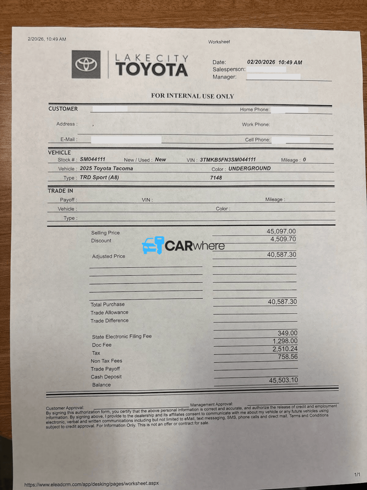 Redacted 2025 Toyota Tacoma TRD Sport deal sheet from Lake City Toyota in Lake City, FL — what a verified buyer paid