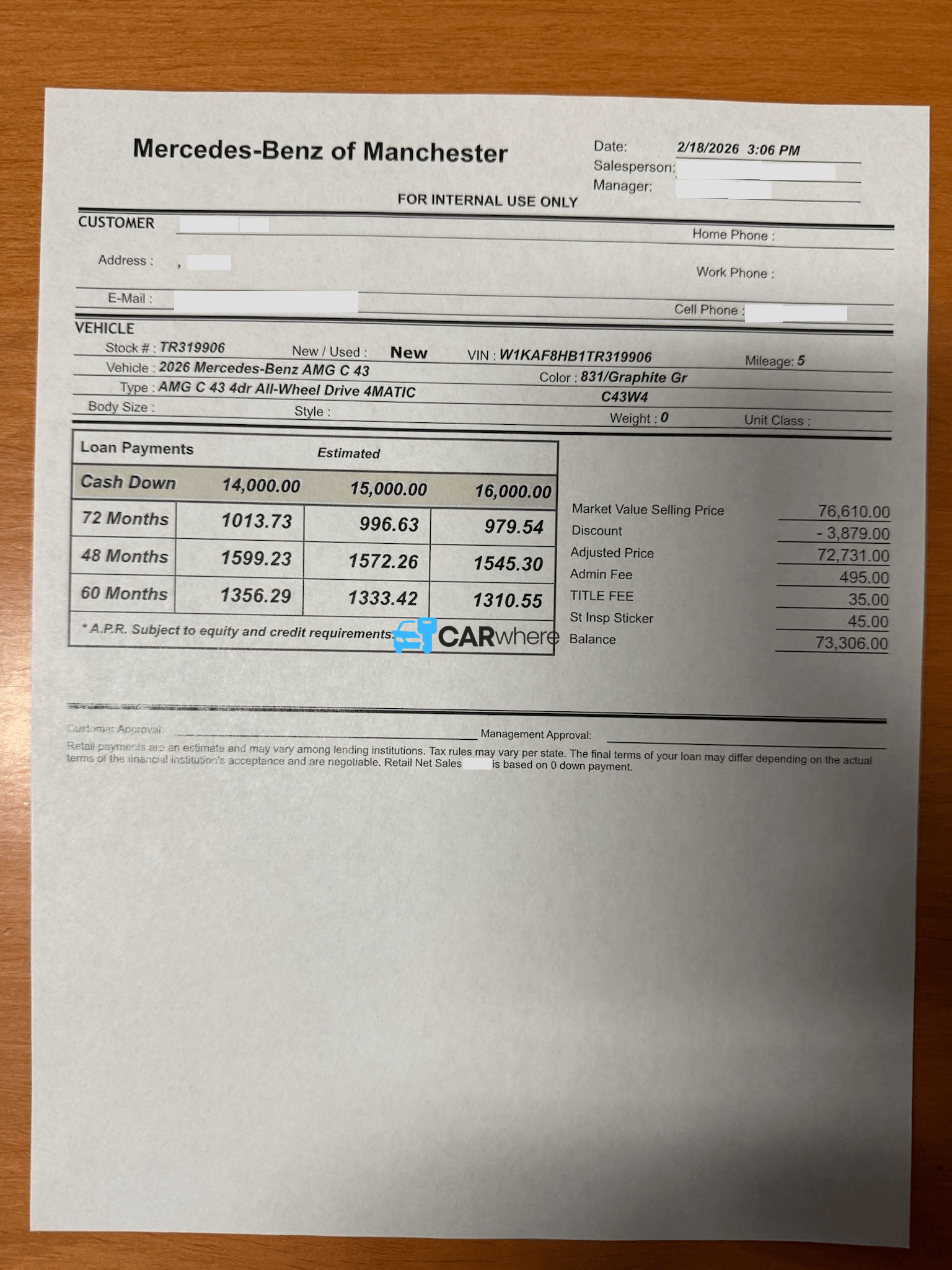 Redacted 2026 Mercedes-Benz C 43 Amg C 43 All-wheel Drive 4matic deal sheet from Mercedes-Benz of Manchester in Manchester, NH — what a verified buyer paid