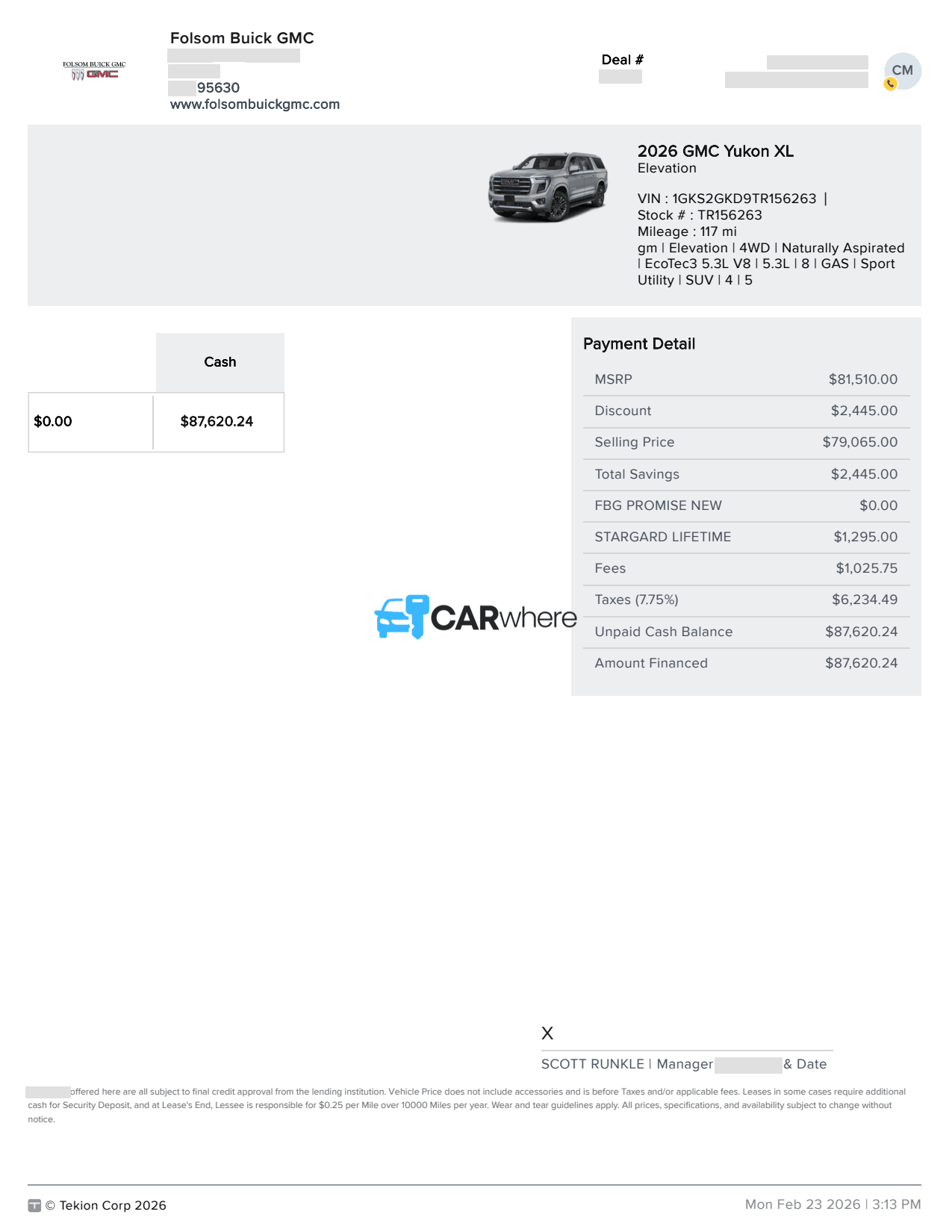 Redacted 2026 GMC Yukon XL deal sheet from Folsom Buick GMC in Folsom, CA — what a verified buyer paid