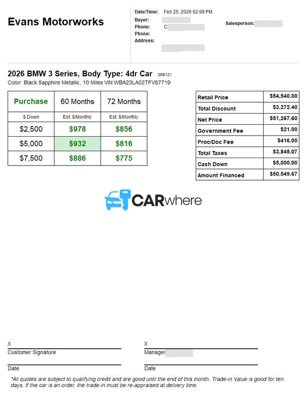 Redacted 2026 BMW 3 Series 330i xDrive deal sheet from Evans Motorworks in Dayton, OH — what a verified buyer paid