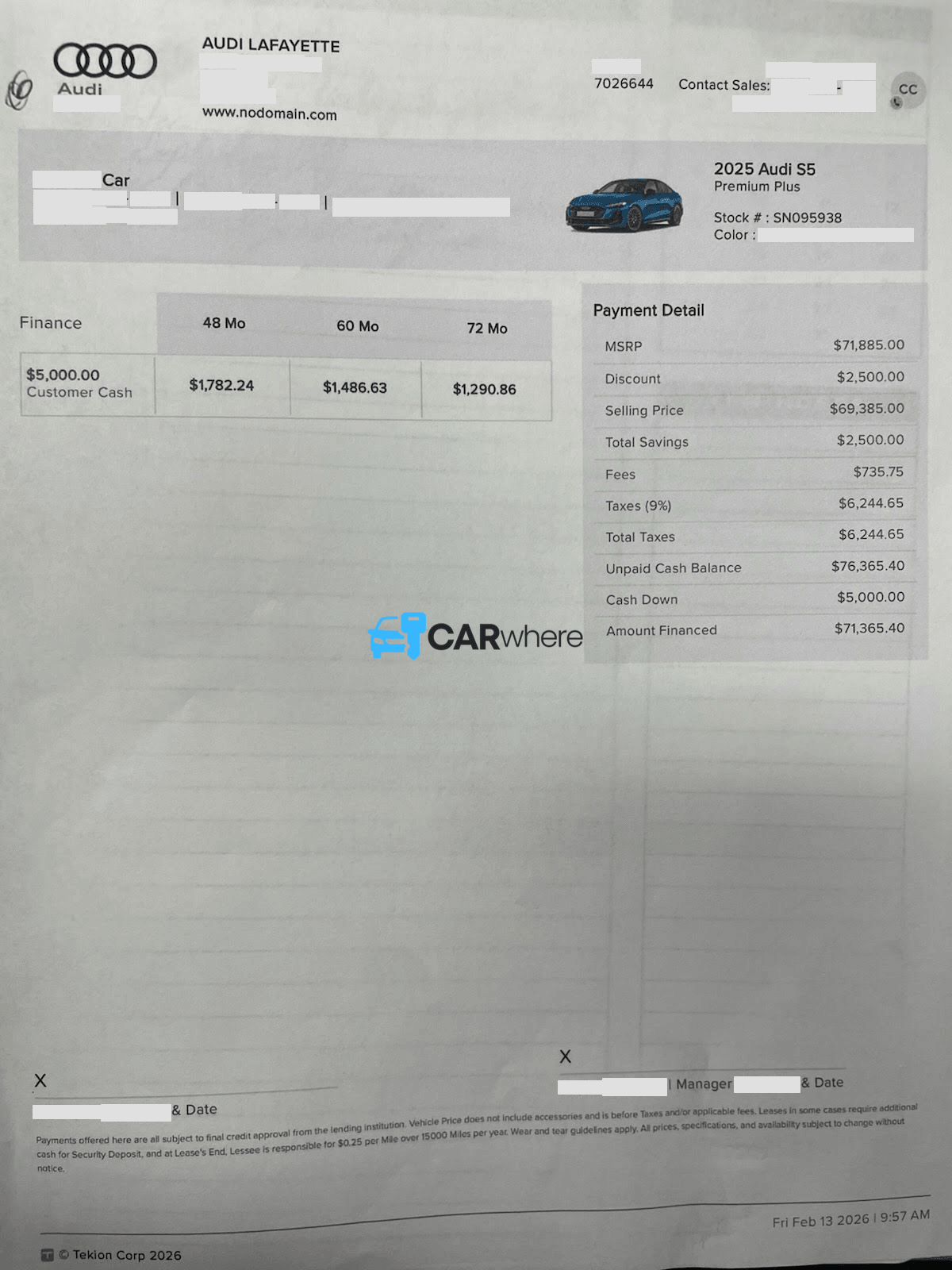 Redacted 2025 AUDI S5 Premium Plus deal sheet from Audi Lafayette in Lafayette, LA — what a verified buyer paid