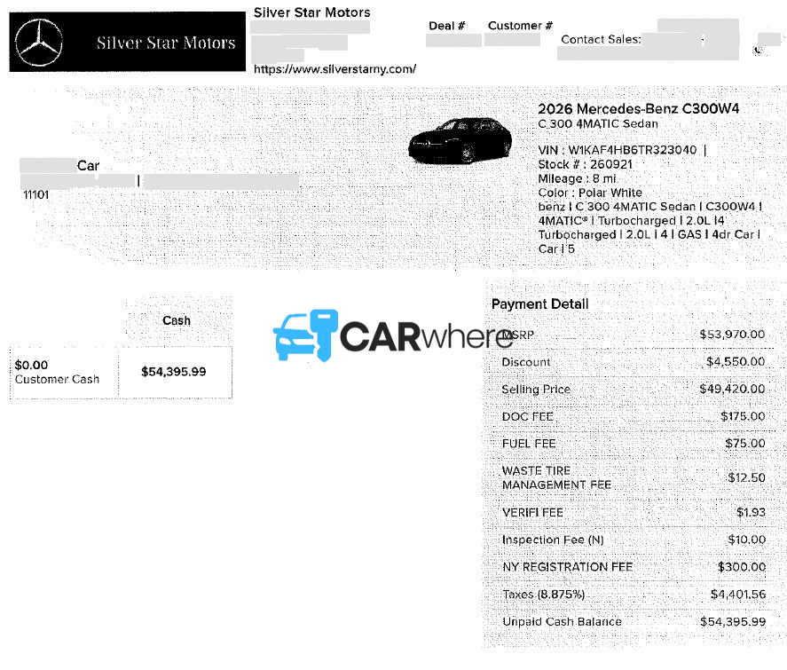 Redacted 2026 Mercedes-Benz C300w4 4matic deal sheet from Silver Star Motors in Long Island City, NY — what a verified buyer paid
