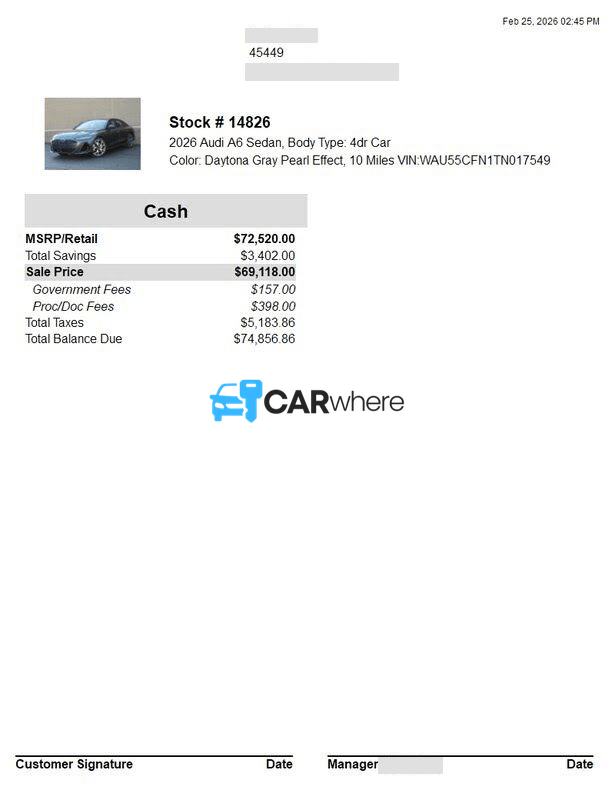 Redacted 2026 AUDI A6 deal sheet from Audi Dayton in Dayton, OH — what a verified buyer paid