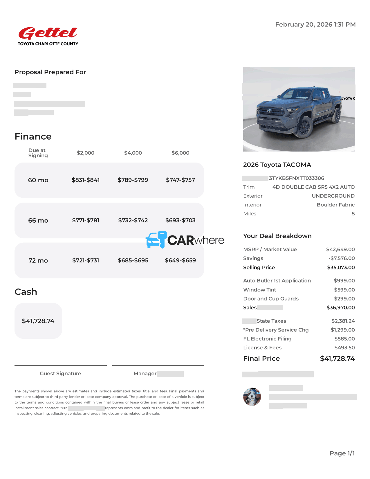 Redacted 2026 Toyota Tacoma SR5 4x2 Auto deal sheet from Gettel Toyota Charlotte County in Punta Gorda, FL — what a verified buyer paid