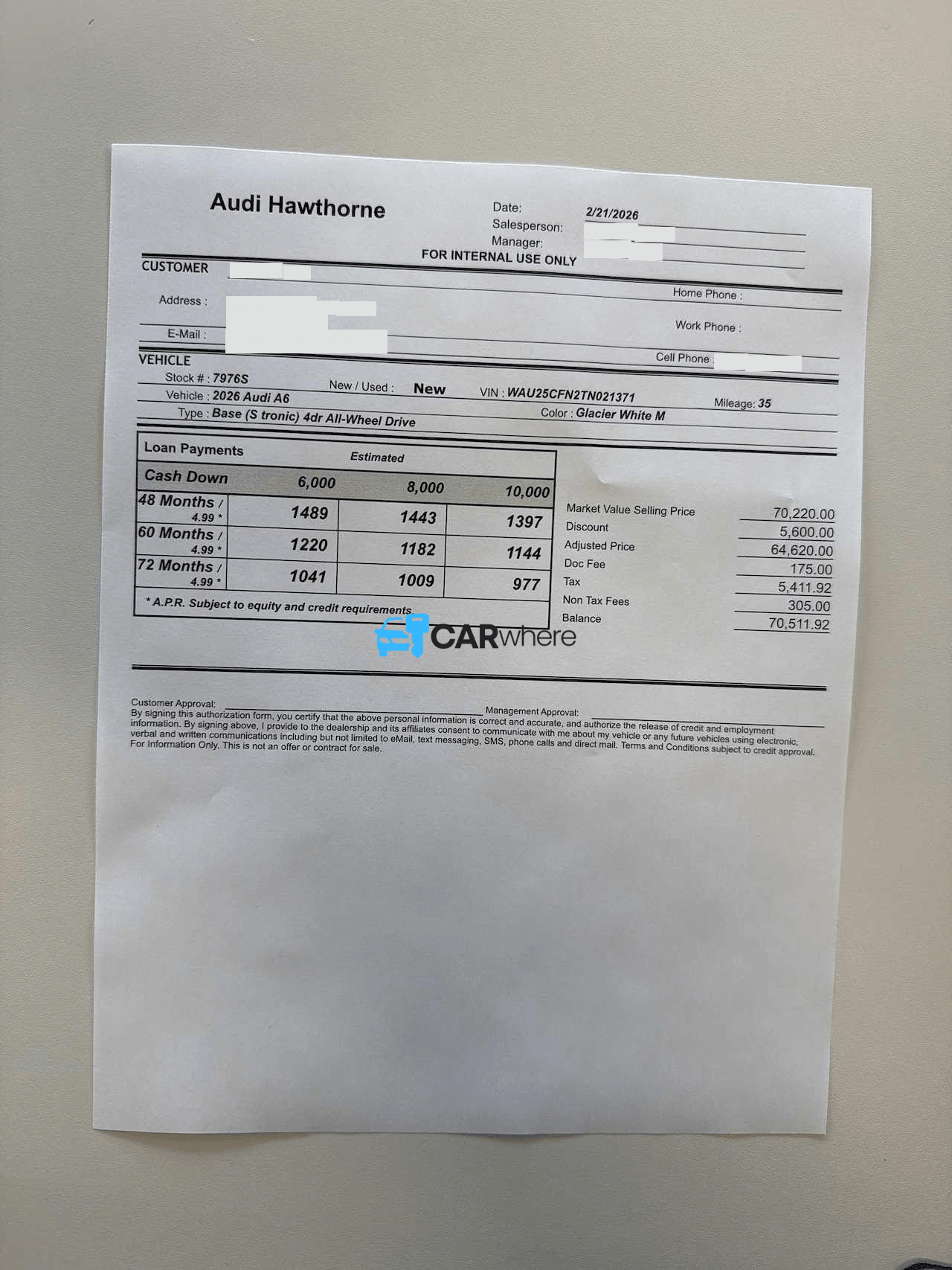 Redacted 2026 AUDI A6 Base (s Tronic) All-wheel Drive deal sheet from Audi Hawthorne in Hawthorne, NY — what a verified buyer paid