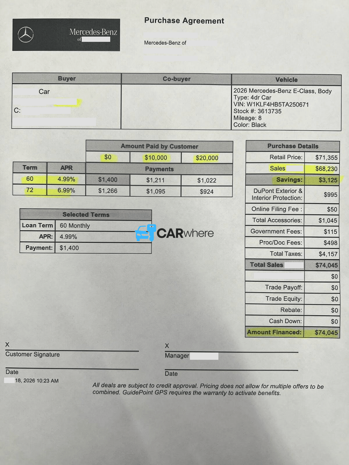 Redacted 2026 Mercedes-Benz E-class E350 4matic deal sheet from Mercedes-Benz of Fort Mitchell in Fort Mitchell, KY — what a verified buyer paid
