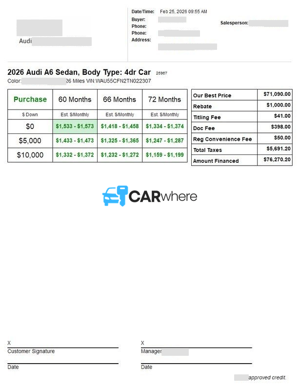 Redacted 2026 AUDI A6 deal sheet from Audi Middleburg Heights in Cleveland, OH — what a verified buyer paid