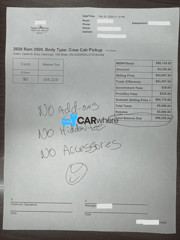 Redacted 2026 RAM 2500 deal sheet from Steele North Star in San Antonio, TX — what a verified buyer paid