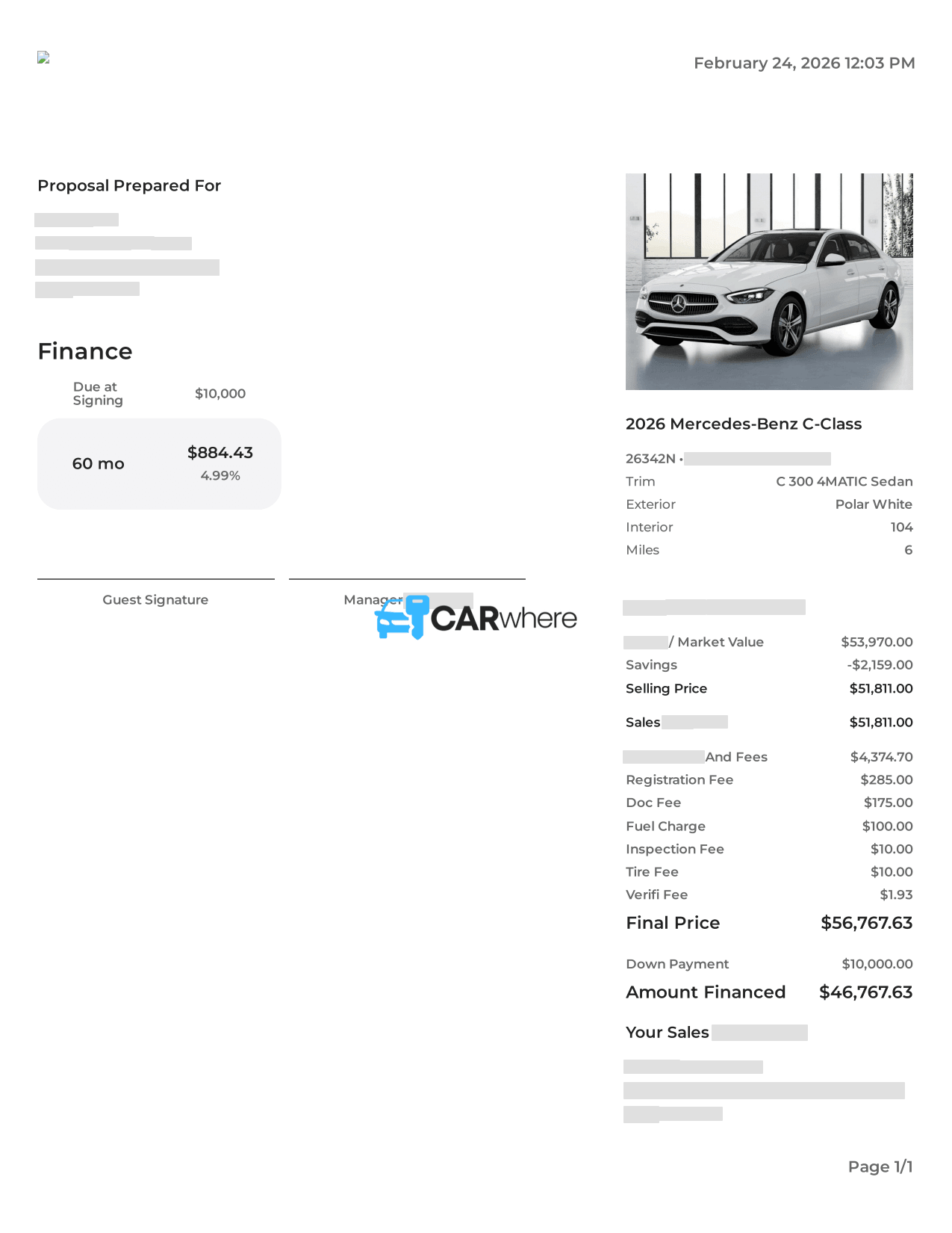 Redacted 2026 Mercedes-Benz C-class C 300 4matic deal sheet from Mercedes-Benz of New Rochelle in New Rochelle, NY — what a verified buyer paid