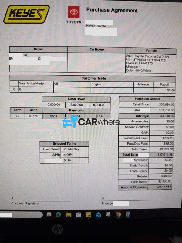 Redacted 2026 Toyota Tacoma 2WD SR deal sheet from Keyes Toyota in Van Nuys, CA — what a verified buyer paid