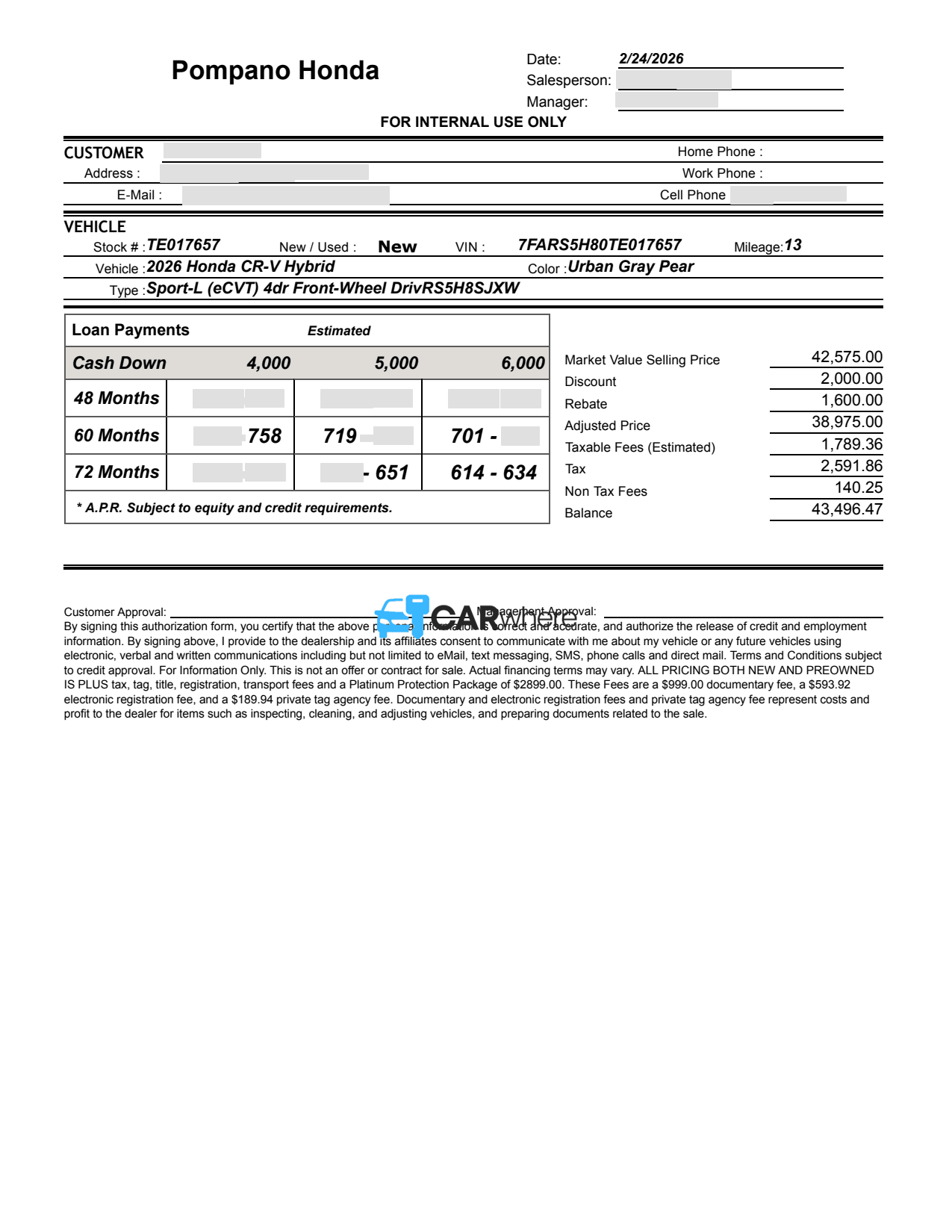 Redacted 2026 Honda Cr-v Hybrid Sport-l deal sheet from Pompano Honda in Pompano Beach, FL — what a verified buyer paid