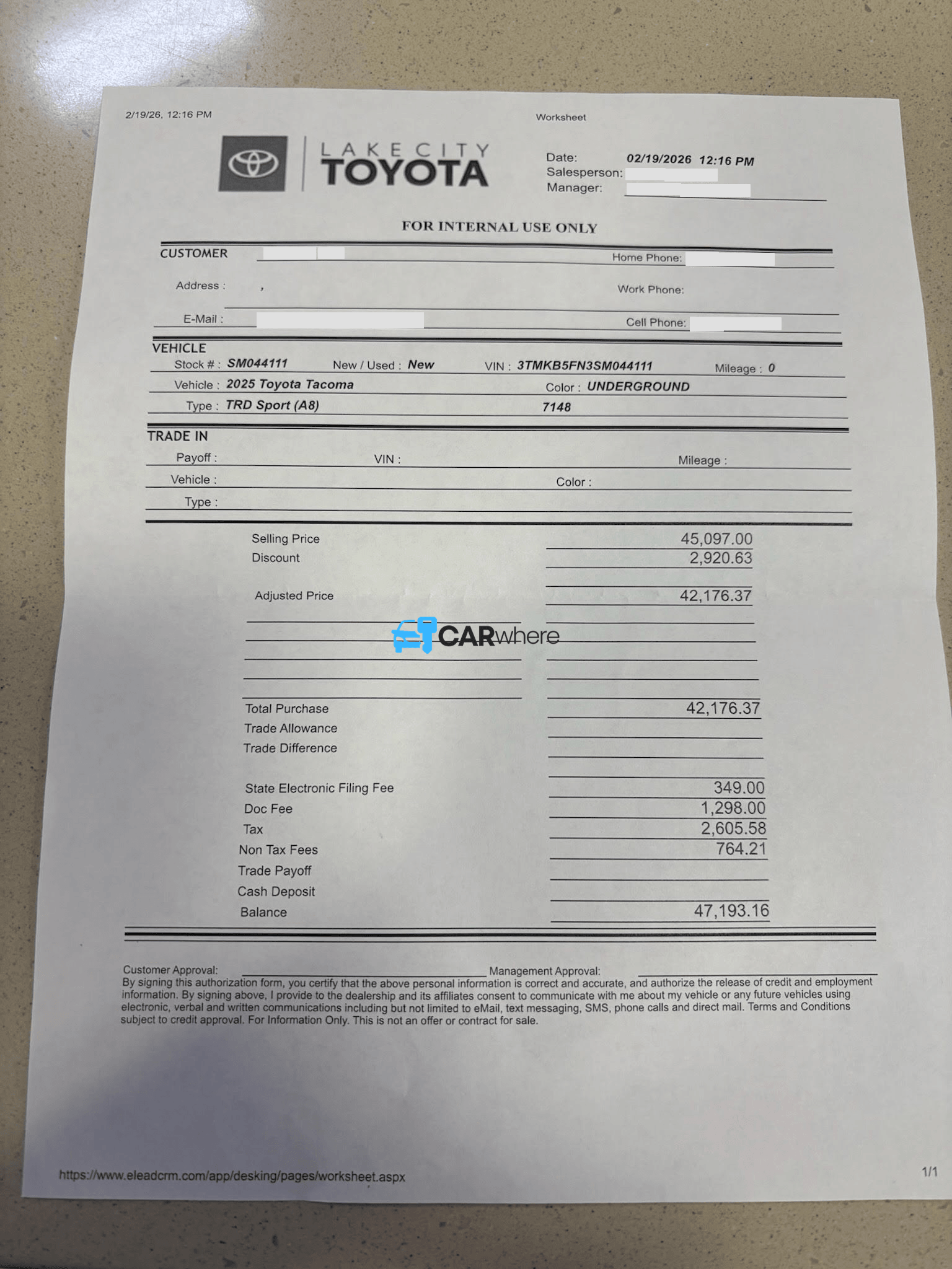 Redacted 2025 Toyota Tacoma TRD Sport deal sheet from Lake City Toyota in Lake City, FL — what a verified buyer paid