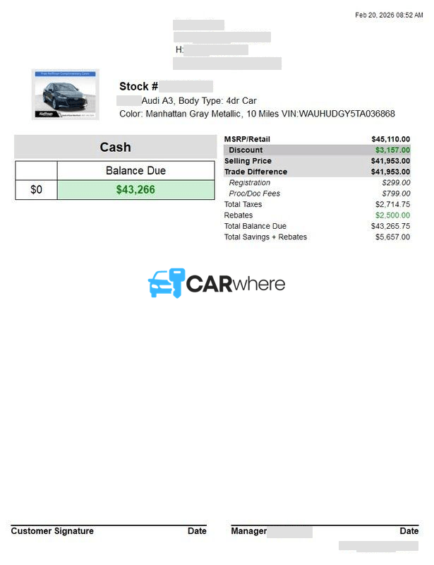 Redacted 2026 AUDI A3 Car deal sheet from Hoffman in East Hartford, CT — what a verified buyer paid