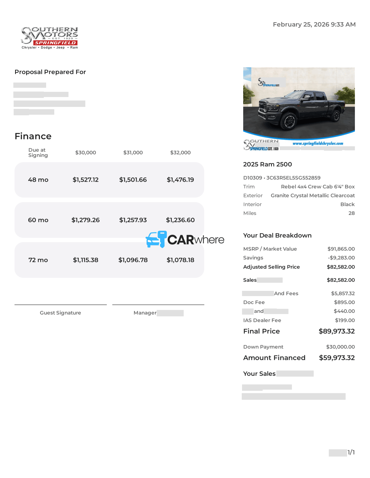 Redacted 2025 RAM 2500 Rebel 6'4" Box deal sheet from Southern Motors Springfield in Springfield, GA — what a verified buyer paid